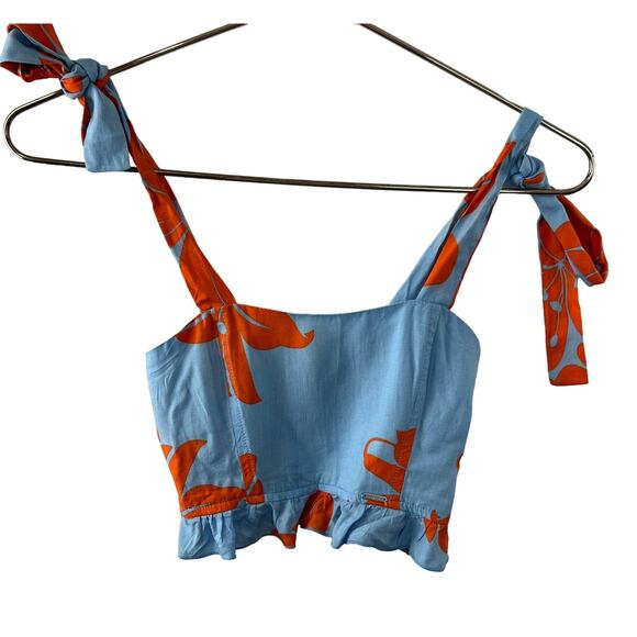 Nauty Blue Blue Orange Floral Tie Shoulder Ruffled Smocked Crop Top Girls XXS - Picture 1 of 4
